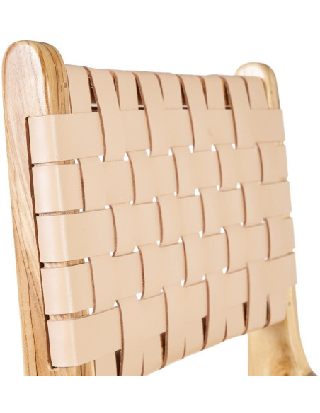 Tabouret de bar moderne haut de gamme en Bois de teck Naturel Cuir véritable Beige Mica 