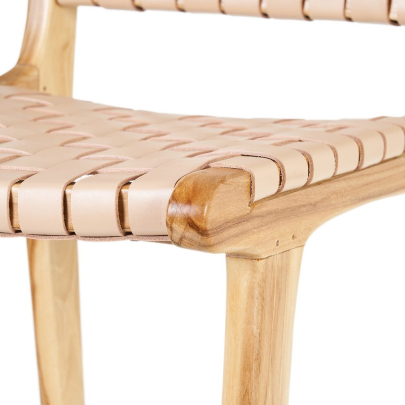 Tabouret de bar moderne haut de gamme en Bois de teck Naturel Cuir véritable Beige Mica 