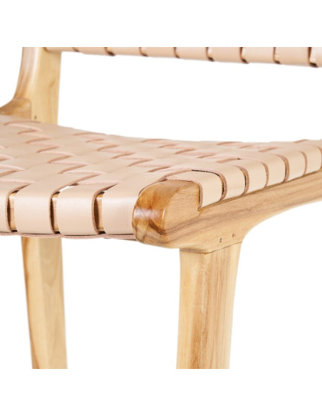 Tabouret de bar moderne haut de gamme en Bois de teck Naturel Cuir véritable Beige Mica 