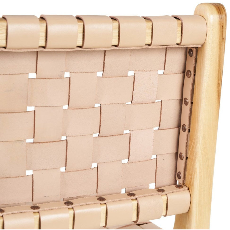 Tabouret de bar moderne haut de gamme en Bois de teck Naturel Cuir véritable Beige Mica 