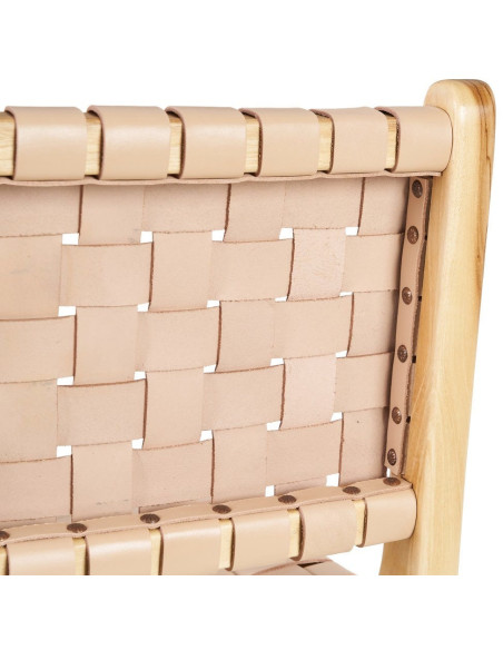 Tabouret de bar moderne haut de gamme en Bois de teck Naturel Cuir véritable Beige Mica 