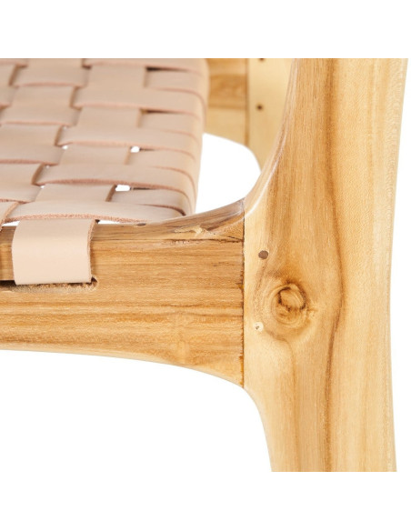 Tabouret de bar moderne haut de gamme en Bois de teck Naturel Cuir véritable Beige Mica 