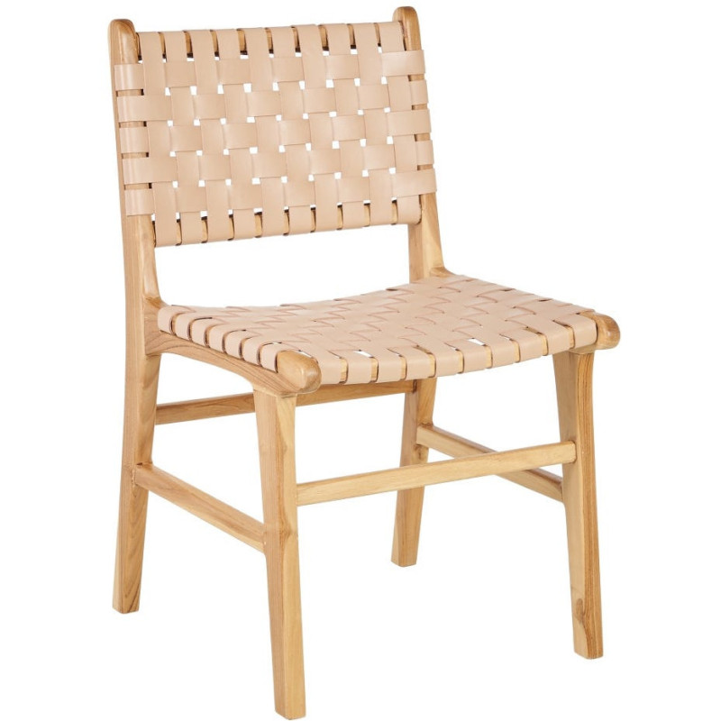 Chaise moderne haut de gamme en Bois de teck Naturel Cuir véritable Beige Mica 