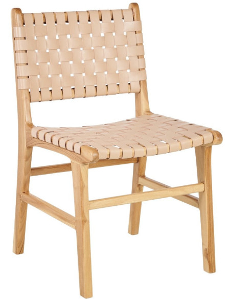 Chaise moderne haut de gamme en Bois de teck Naturel Cuir véritable Beige Mica 