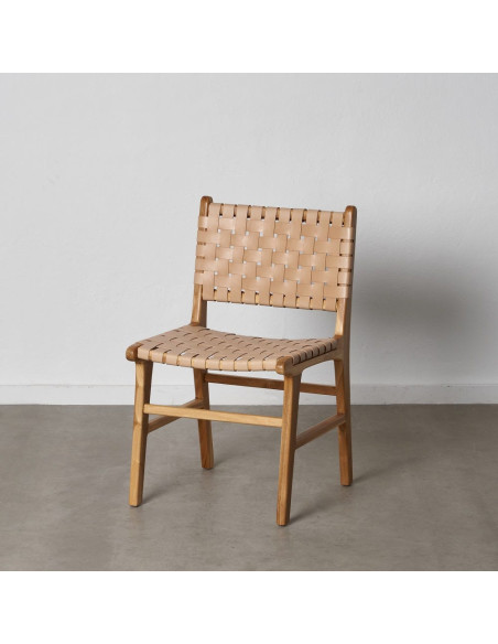 Chaise moderne haut de gamme en Bois de teck Naturel Cuir véritable Beige Mica 