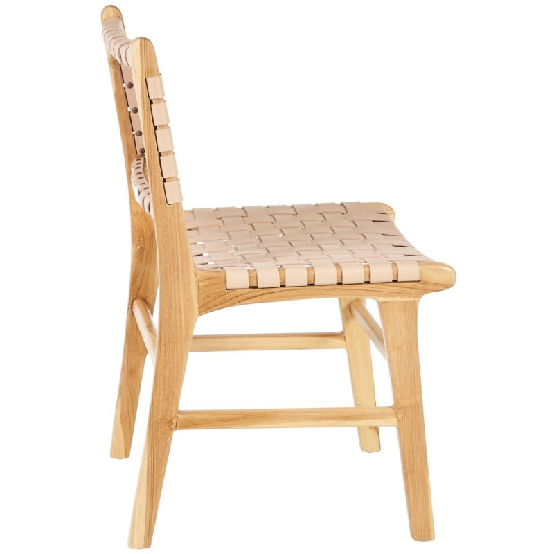 Chaise moderne haut de gamme en Bois de teck Naturel Cuir véritable Beige Mica 