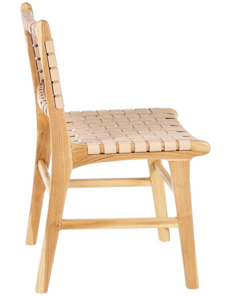 Chaise moderne haut de gamme en Bois de teck Naturel Cuir véritable Beige Mica 