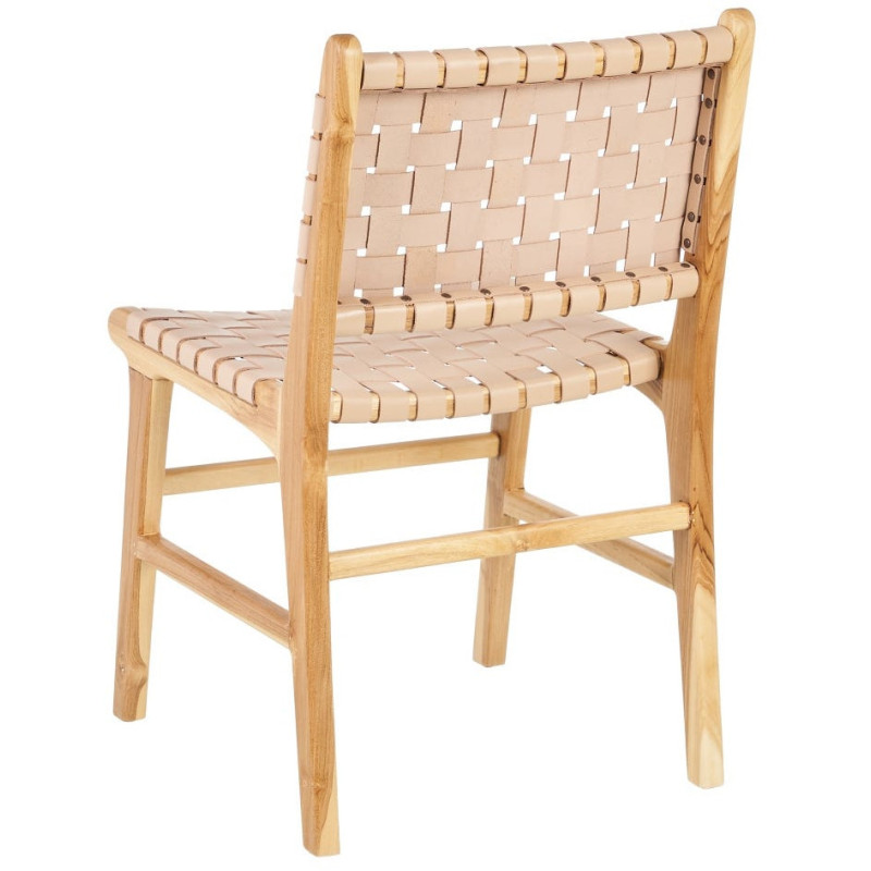 Chaise moderne haut de gamme en Bois de teck Naturel Cuir véritable Beige Mica 