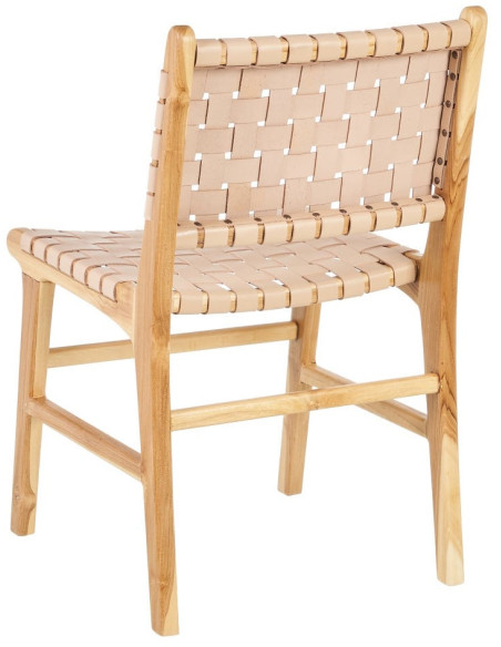 Chaise moderne haut de gamme en Bois de teck Naturel Cuir véritable Beige Mica 