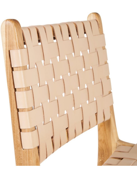 Chaise moderne haut de gamme en Bois de teck Naturel Cuir véritable Beige Mica 