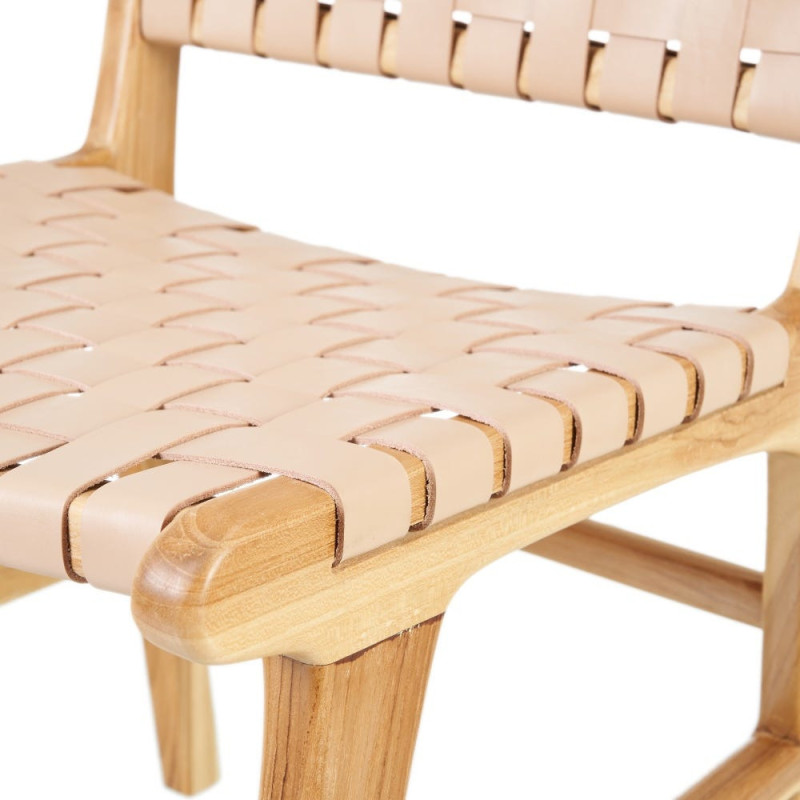 Chaise moderne haut de gamme en Bois de teck Naturel Cuir véritable Beige Mica 