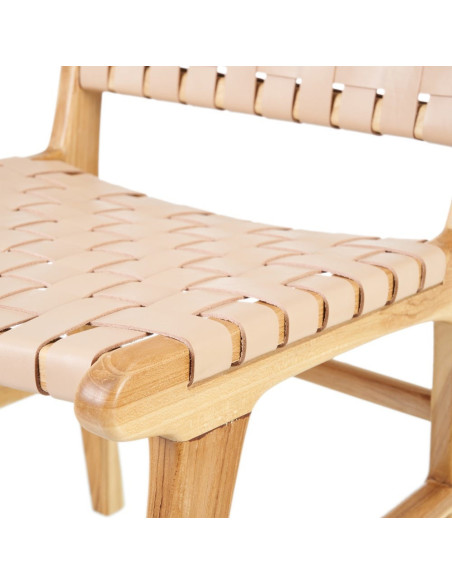 Chaise moderne haut de gamme en Bois de teck Naturel Cuir véritable Beige Mica 