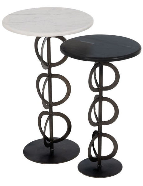 Lot de 2 Tables d'appoint design graphique Ronde Marbre Blanc Noir Métal Anillaro 