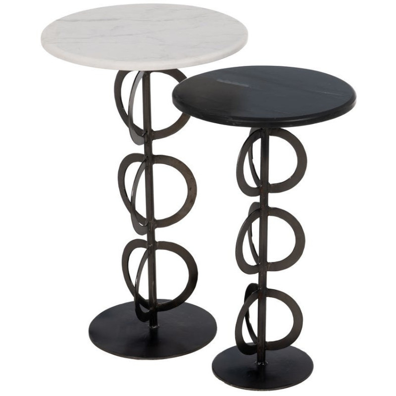 Lot de 2 Tables d'appoint design graphique Ronde Marbre Blanc Noir Métal Anillaro 