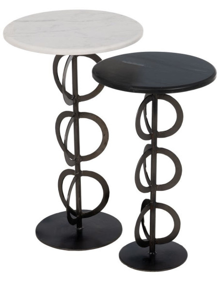Lot de 2 Tables d'appoint design graphique Ronde Marbre Blanc Noir Métal Anillaro 
