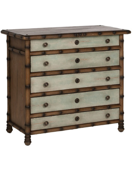 Grande Commode exotique 5 tiroirs en Bois de mindi Marron Effet bambou Blanc crème Vieilli Cova