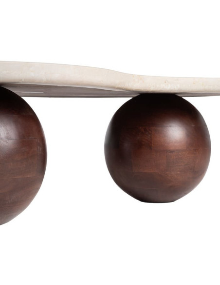 Grande Table basse moderne chic Organique en Marbre Blanc Bois de manguier Marron Nieva