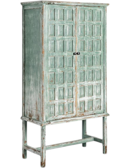 Grand Buffet bohème ethnique Haut 2 portes Bois recyclé Vert Patiné Verdenzio