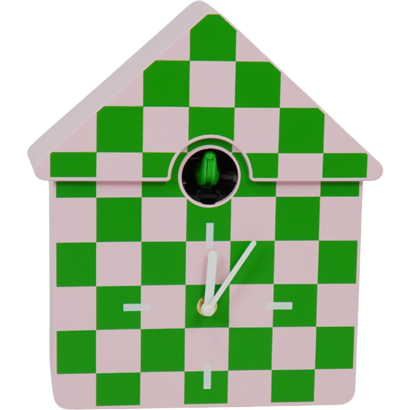 Horloge murale moderne Coucou Nichoir Hauteur 27 cm Plastique Rose Vert Motif carreaux Cucko 