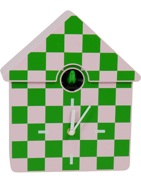Horloge murale moderne Coucou Nichoir Hauteur 27 cm Plastique Rose Vert Motif carreaux Cucko 