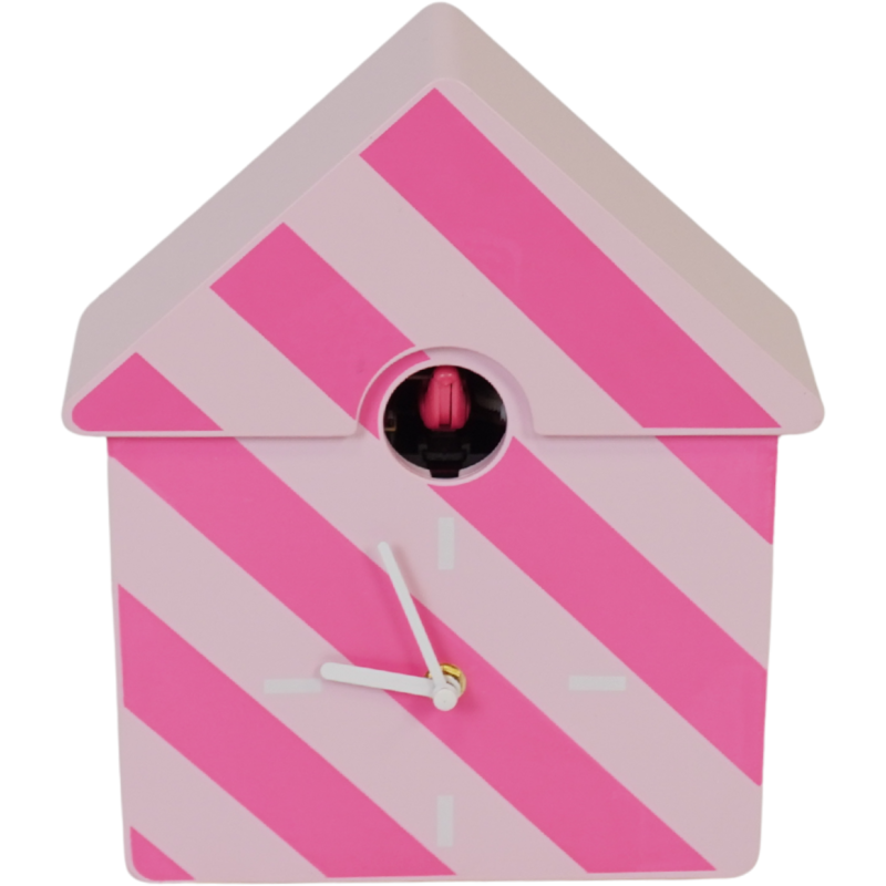 Horloge murale moderne Coucou Nichoir Hauteur 27 cm Plastique Rose clair Rose fluo Motif rayures Cucko 