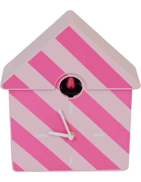 Horloge murale moderne Coucou Nichoir Hauteur 27 cm Plastique Rose clair Rose fluo Motif rayures Cucko 