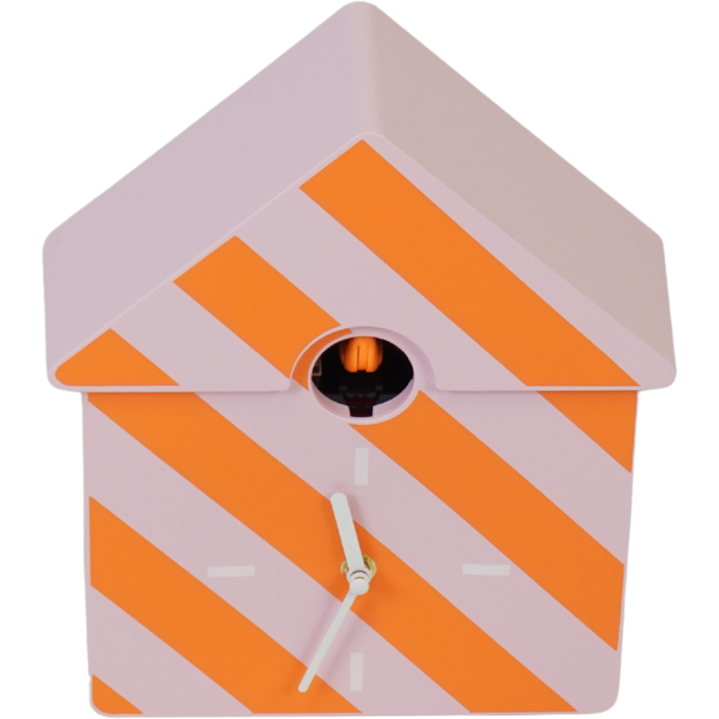 Horloge murale moderne Coucou Nichoir Hauteur 27 cm Plastique Rose Orange Motif rayures Cucko 