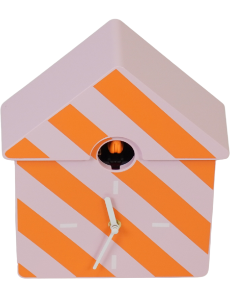 Horloge murale moderne Coucou Nichoir Hauteur 27 cm Plastique Rose Orange Motif rayures Cucko 