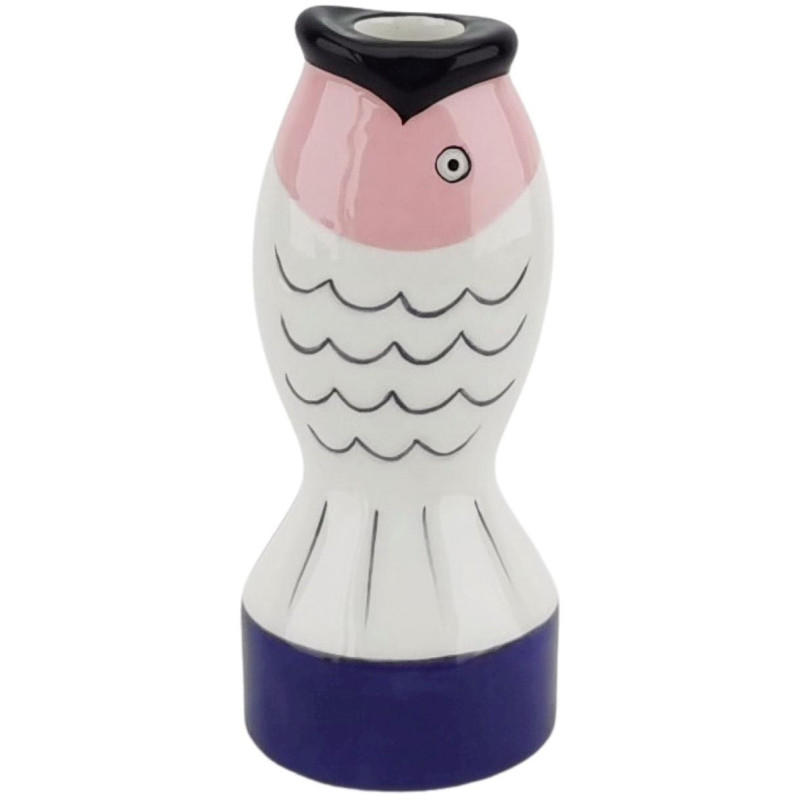 Bougeoir originale moderne Poisson Hauteur 16 cm Céramique Bleu Blanc Rose Fish 