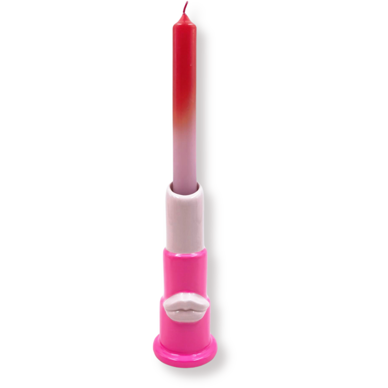 Bougeoir design Rouge à lèvres H 15 cm Céramique Rose fluo Rose clair Lipstick 