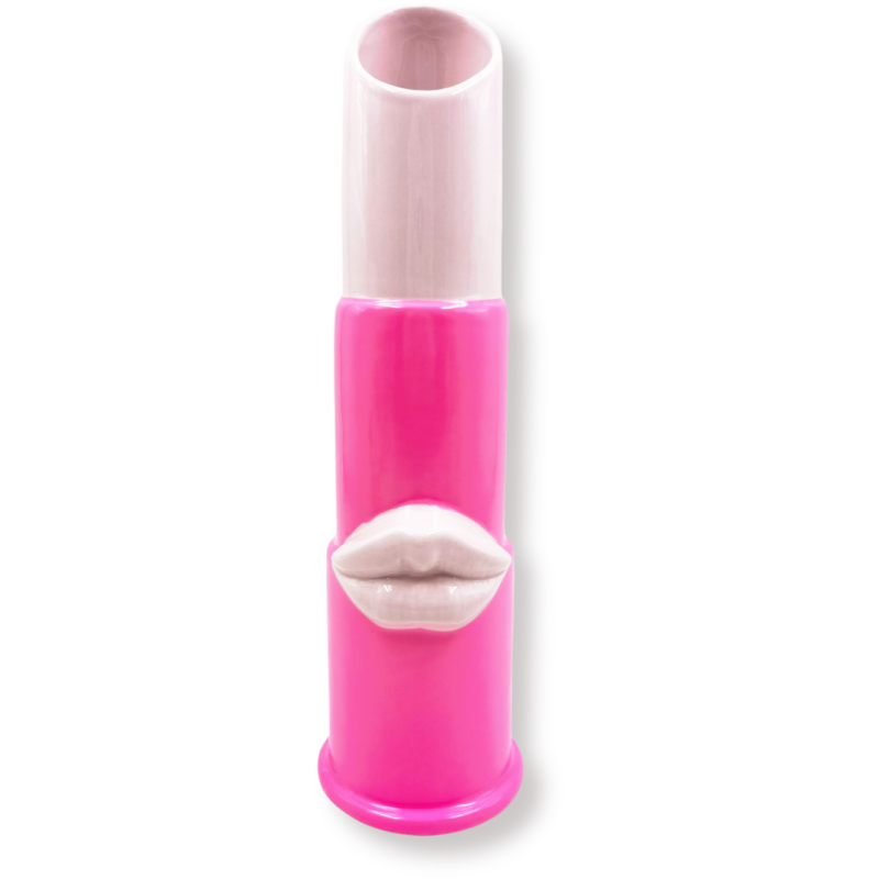 Vase design Rouge à lèvres H 35 cm Céramique Rose clair Rose fluo Lipstick 