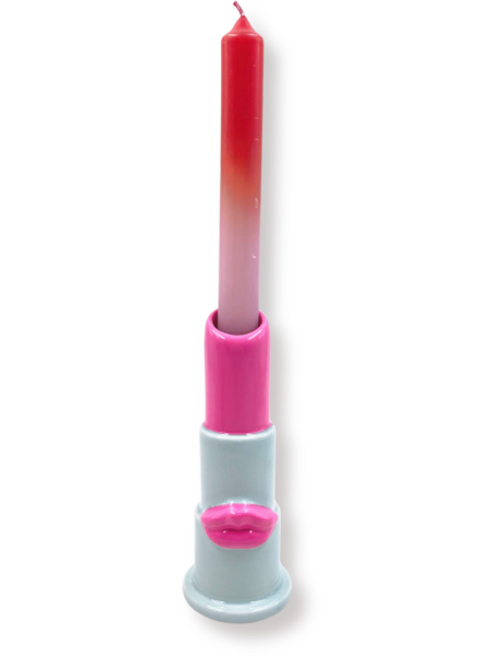 Bougeoir design Rouge à lèvres H 15 cm Céramique Vert menthe Rose fluo Lipstick 