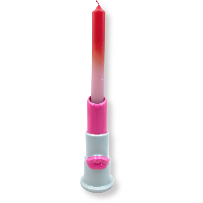Bougeoir design Rouge à lèvres H 15 cm Céramique Vert menthe Rose fluo Lipstick 