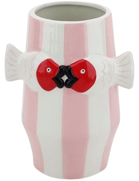 Vase original moderne Poissons Rond Hauteur 18 cm Céramique Rose Blanc Fishes 