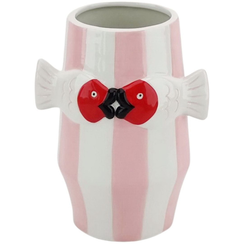 Vase original moderne Poissons Rond Hauteur 18 cm Céramique Rose Blanc Fishes 