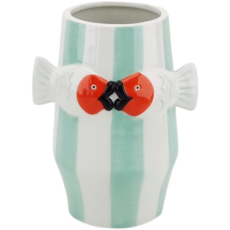 Vase original moderne Poissons Rond Hauteur 18 cm Céramique Vert menthe Blanc Fishes