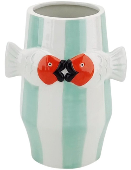 Vase original moderne Poissons Rond Hauteur 18 cm Céramique Vert menthe Blanc Fishes