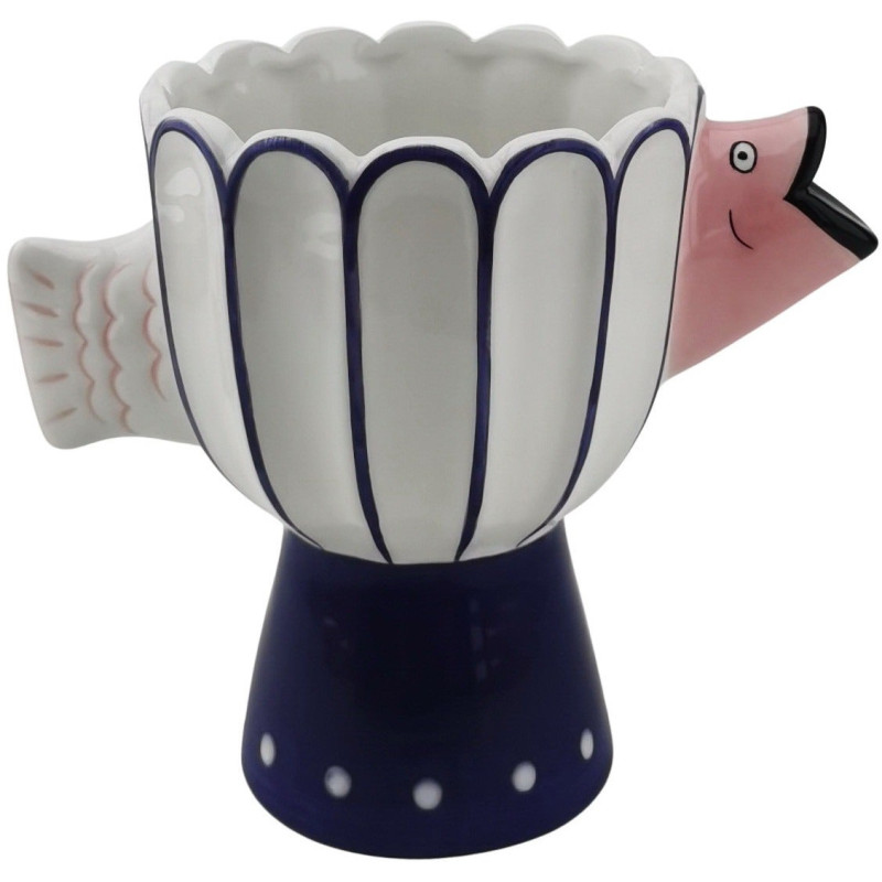 Vase original sur pied Poisson Hauteur 18 cm Céramique Bleu Blanc Fish 