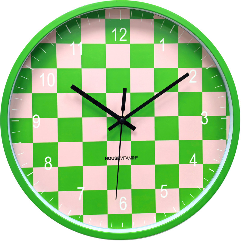 Horloge murale moderne Ronde 35 cm Plastique Vert Rose clair Motif carreaux Pattern 