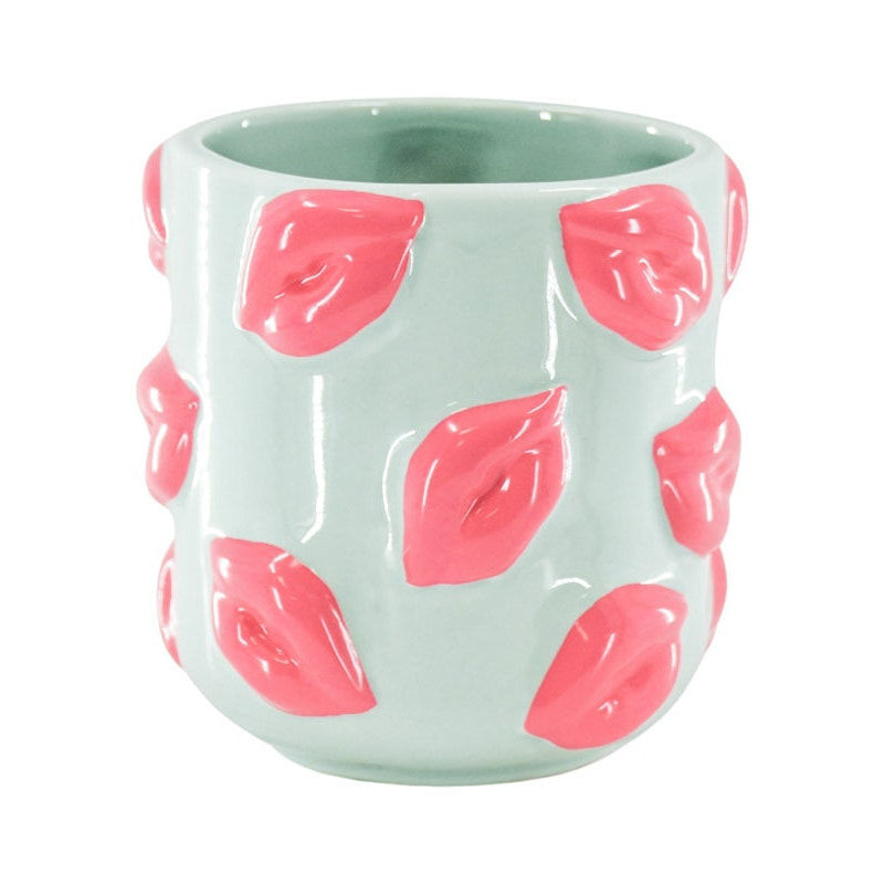 Petit Cache-pot original Lèvres Rond Diamètre 11 cm en Céramique Vert menthe Rose Kisses 