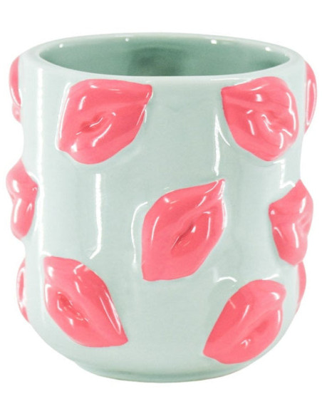 Petit Cache-pot original Lèvres Rond Diamètre 11 cm en Céramique Vert menthe Rose Kisses 