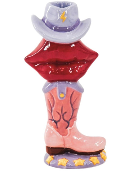Bougeoir original Botte Lèvres Chapeau Cowboy H 20 cm Céramique Rose Rouge Lilas Western 
