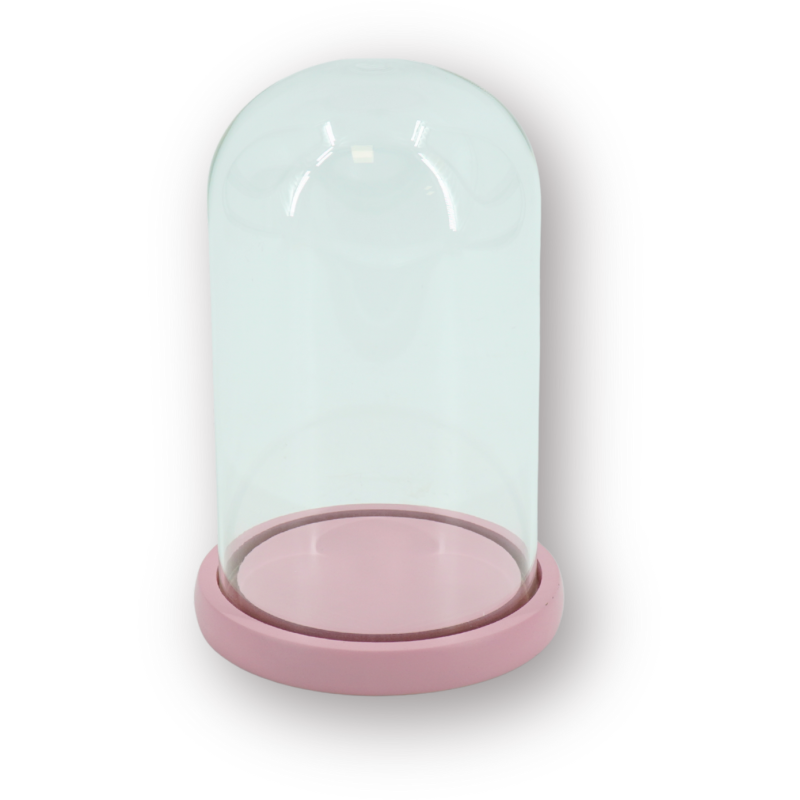 Cloche décorative moderne H 22 cm Verre Transparent Bois MDF Rose clair Bell Jar 