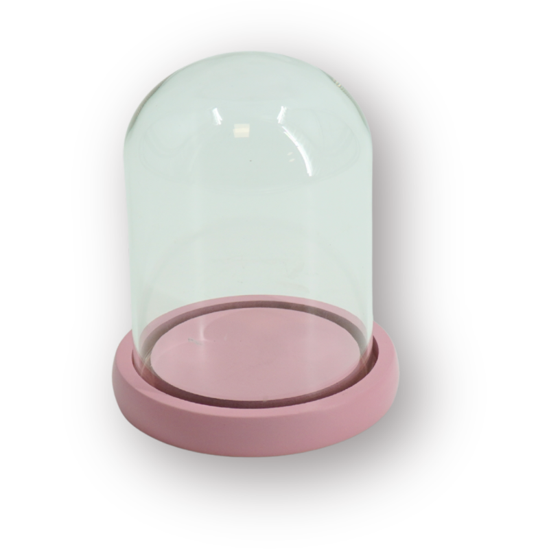 Cloche décorative moderne H 15 cm Verre Transparent Bois MDF Rose clair Bell Jar 
