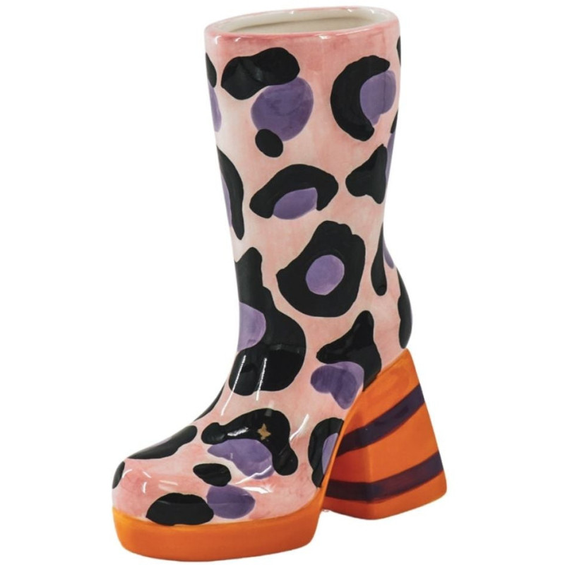 Vase design Botte H 24 cm Céramique Rose Orange Motif léopard Boot 