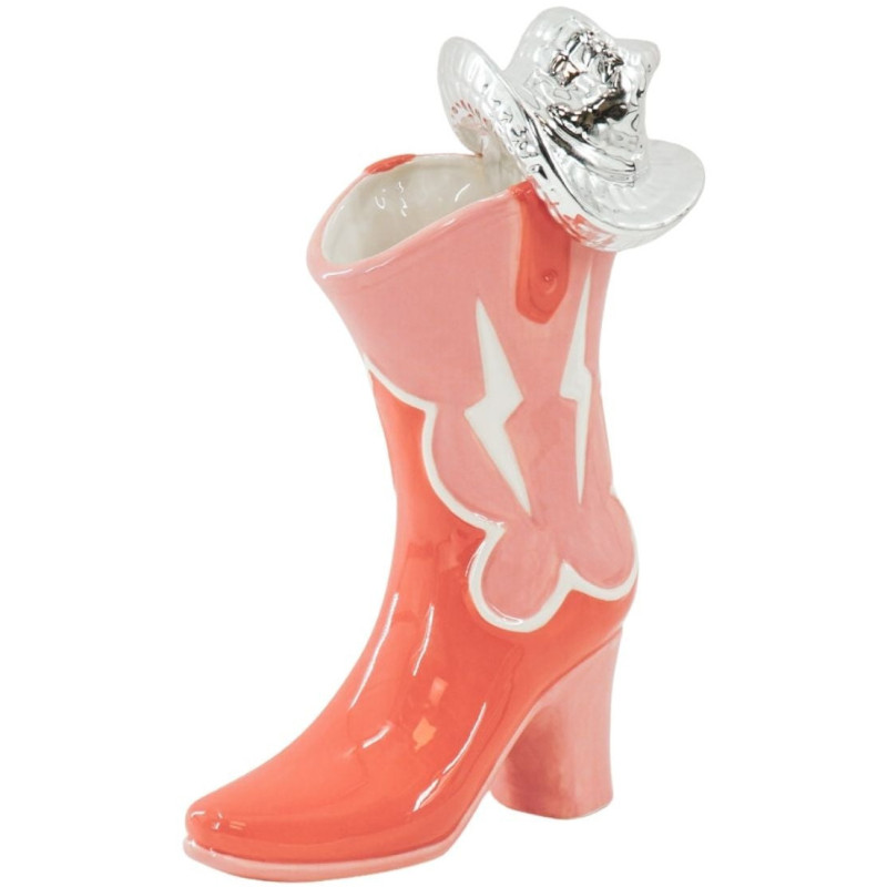 Vase design Botte de cowboy Chapeau disco H 26 cm Céramique Rose Orange Argenté Western 