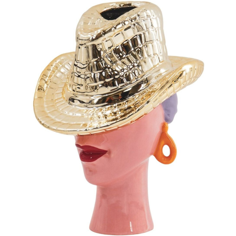 Vase design Cowgirl Femme avec chapeau H 23 cm Céramique Doré Western 