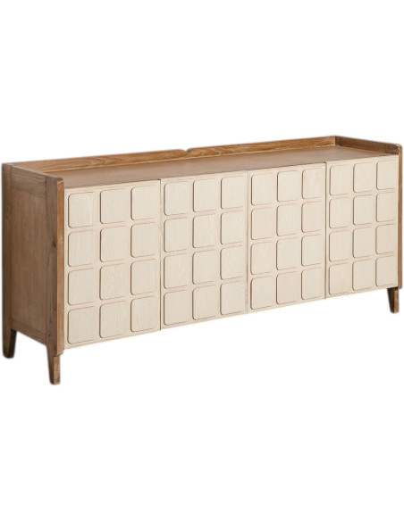 Buffet Enfilade rétro scandinave Bas 4 portes Bois recyclé Naturel Beige Vieilli Motif géométrique Cubéra