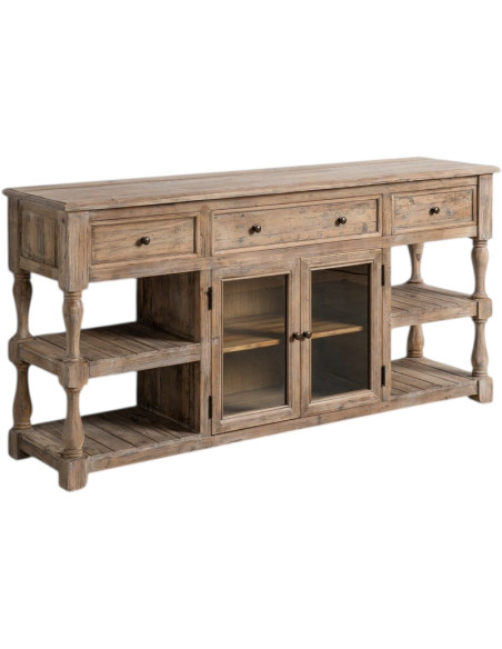 Grande Console campagne chic Rectangulaire 2 portes 3 tiroirs 4 étagères 180 cm Bois de pin recyclé Naturel Riverla
