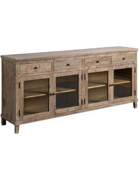 Grand Buffet Enfilade vitrine campagne chic Bas 4 portes 4 tiroirs 200 cm Bois de pin recyclé Naturel Verre Transparent Riverla